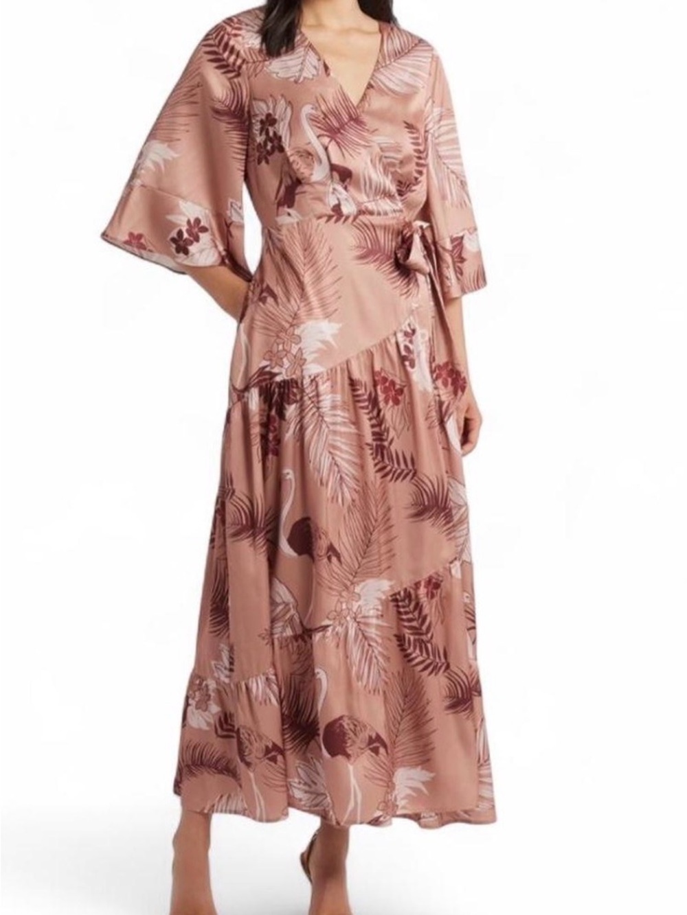 Satin Floral Wrap Maxi Dress in Mauve Pink